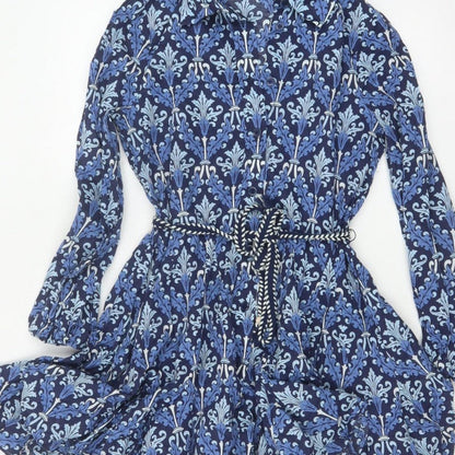Zara Women Blue UK 8 Cotton Floral Belted Shirt Dress