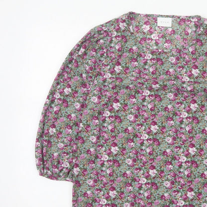 VILA Women Green Floral V-Neck Balloon Sleeve Blouse UK 10