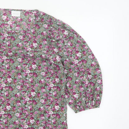VILA Women Green Floral V-Neck Balloon Sleeve Blouse UK 10