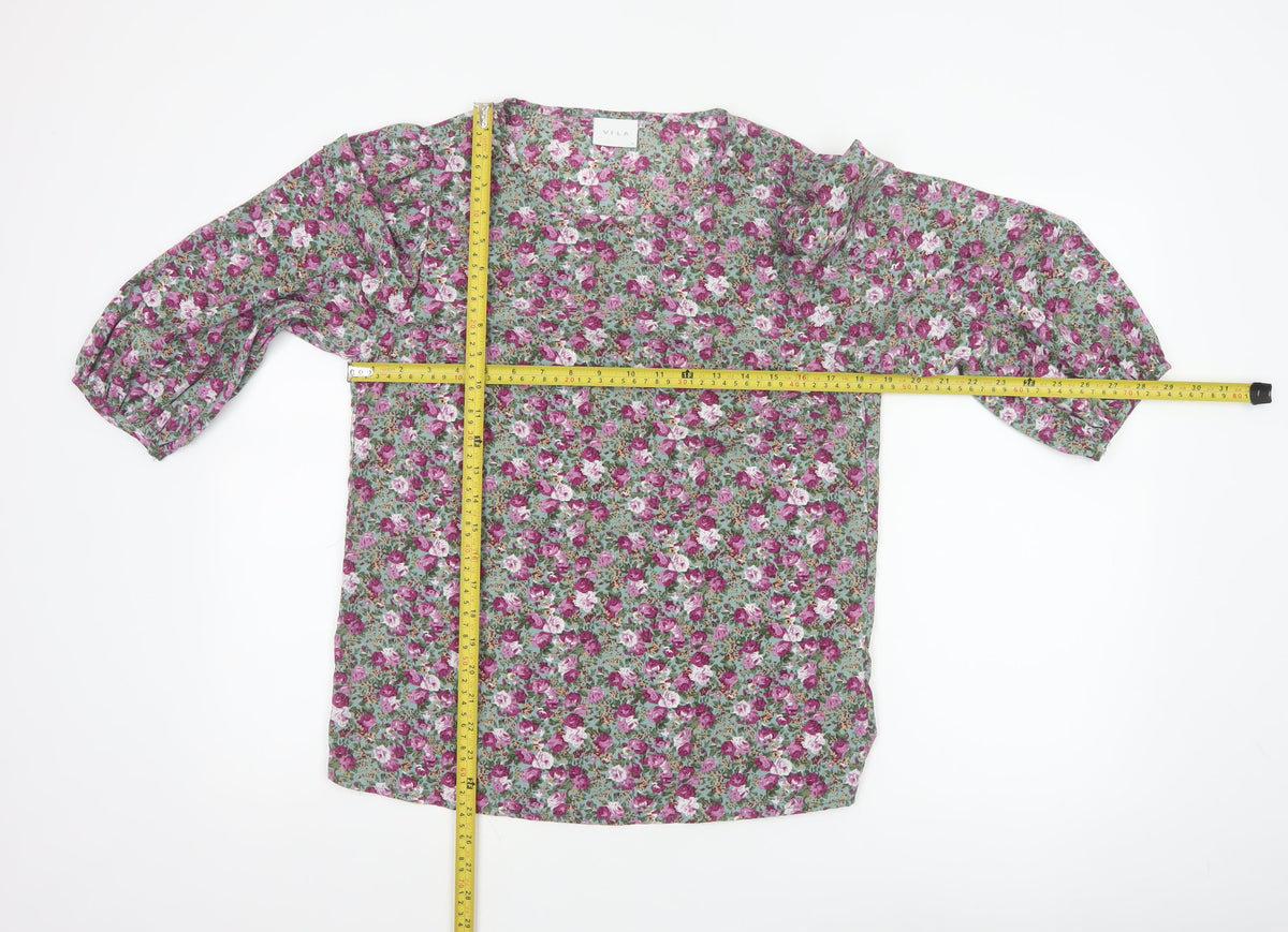 VILA Women Green Floral V-Neck Balloon Sleeve Blouse UK 10