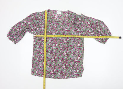 VILA Women Green Floral V-Neck Balloon Sleeve Blouse UK 10