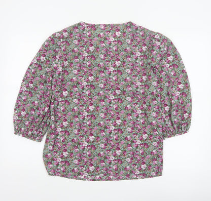 VILA Women Green Floral V-Neck Balloon Sleeve Blouse UK 10