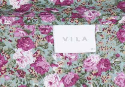 VILA Women Green Floral V-Neck Balloon Sleeve Blouse UK 10