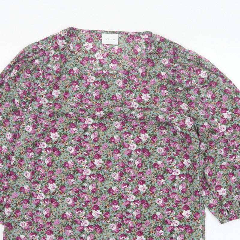 VILA Women Green Floral V-Neck Balloon Sleeve Blouse UK 10