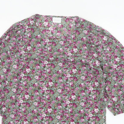 VILA Women Green Floral V-Neck Balloon Sleeve Blouse UK 10