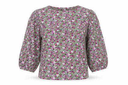 VILA Women Green Floral V-Neck Balloon Sleeve Blouse UK 10