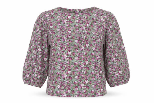VILA Women Green Floral V-Neck Balloon Sleeve Blouse UK 10