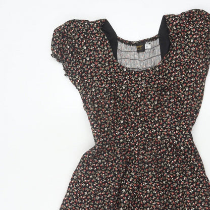 Pop England Women’s Black Floral Fit & Flare Dress UK 10 Puff Sleeve