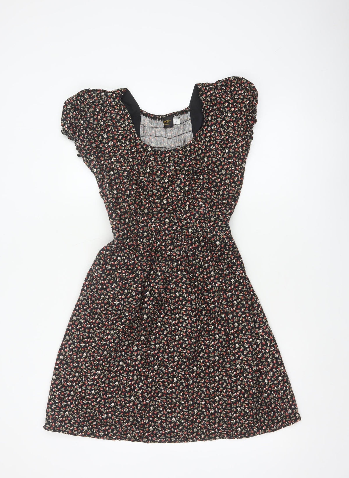 Pop England Women’s Black Floral Fit & Flare Dress UK 10 Puff Sleeve