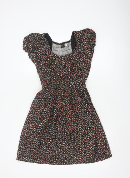 Pop England Women’s Black Floral Fit & Flare Dress UK 10 Puff Sleeve