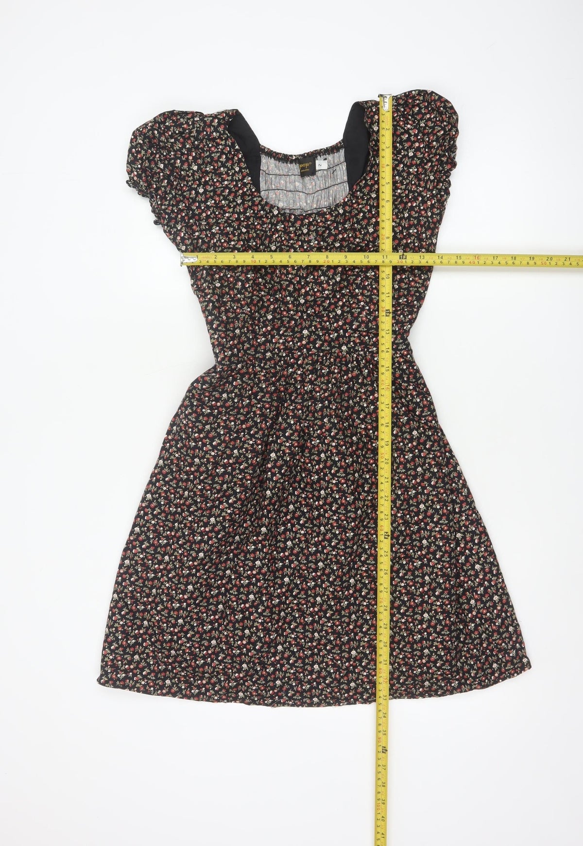 Pop England Women’s Black Floral Fit & Flare Dress UK 10 Puff Sleeve