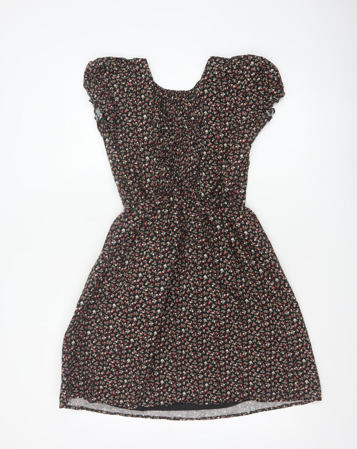 Pop England Women’s Black Floral Fit & Flare Dress UK 10 Puff Sleeve
