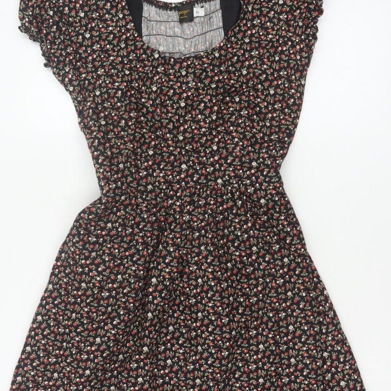 Pop England Women’s Black Floral Fit & Flare Dress UK 10 Puff Sleeve