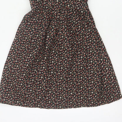 Pop England Women’s Black Floral Fit & Flare Dress UK 10 Puff Sleeve