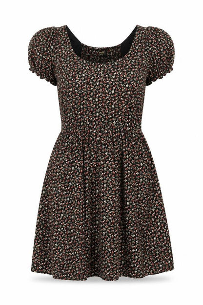 Pop England Women’s Black Floral Fit & Flare Dress UK 10 Puff Sleeve