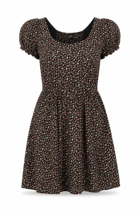 Pop England Women’s Black Floral Fit & Flare Dress UK 10 Puff Sleeve