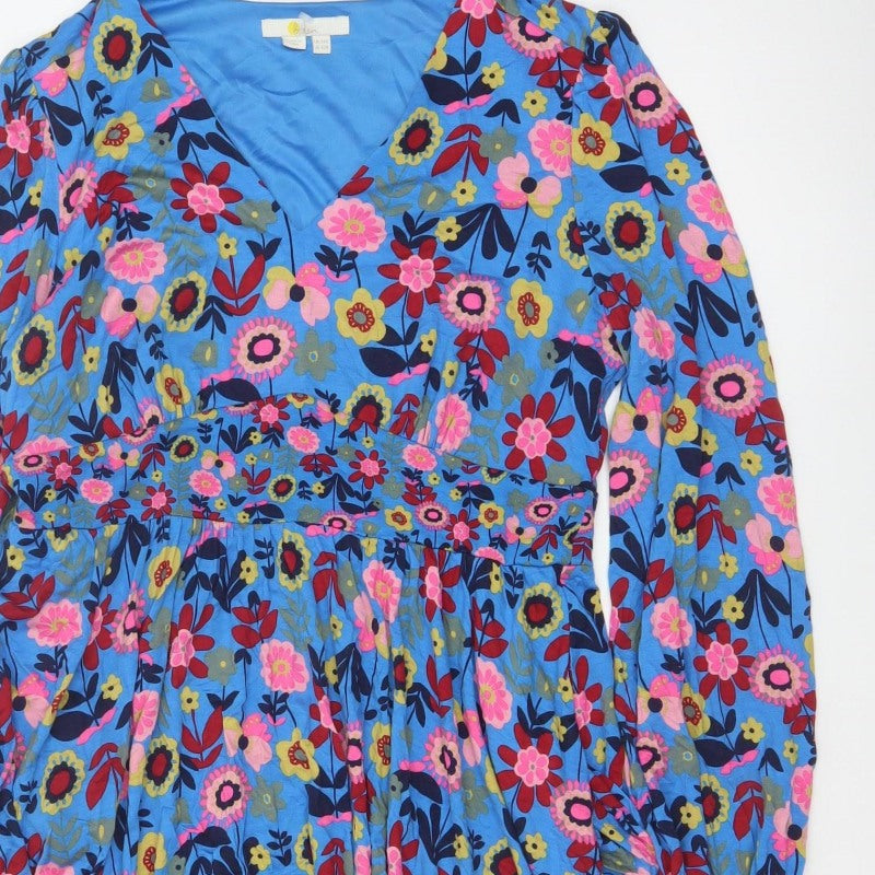 Boden Women Blue Floral Fit & Flare Jersey Dress UK 14 Long Sleeve
