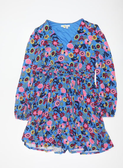 Boden Women Blue Floral Fit & Flare Jersey Dress UK 14 Long Sleeve