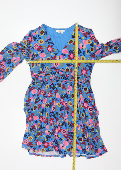 Boden Women Blue Floral Fit & Flare Jersey Dress UK 14 Long Sleeve