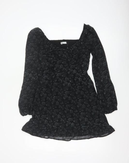 Hollister Women Black S Floral Fit & Flare Mini Dress Puff Long Sleeve