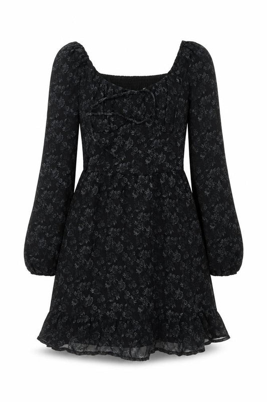 Hollister Women Black S Floral Fit & Flare Mini Dress Puff Long Sleeve