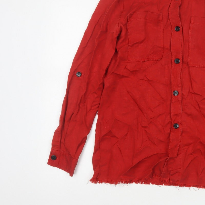 Zara Woman Red S Basic Lyocell Button-Up Shirt Long Sleeve Pockets