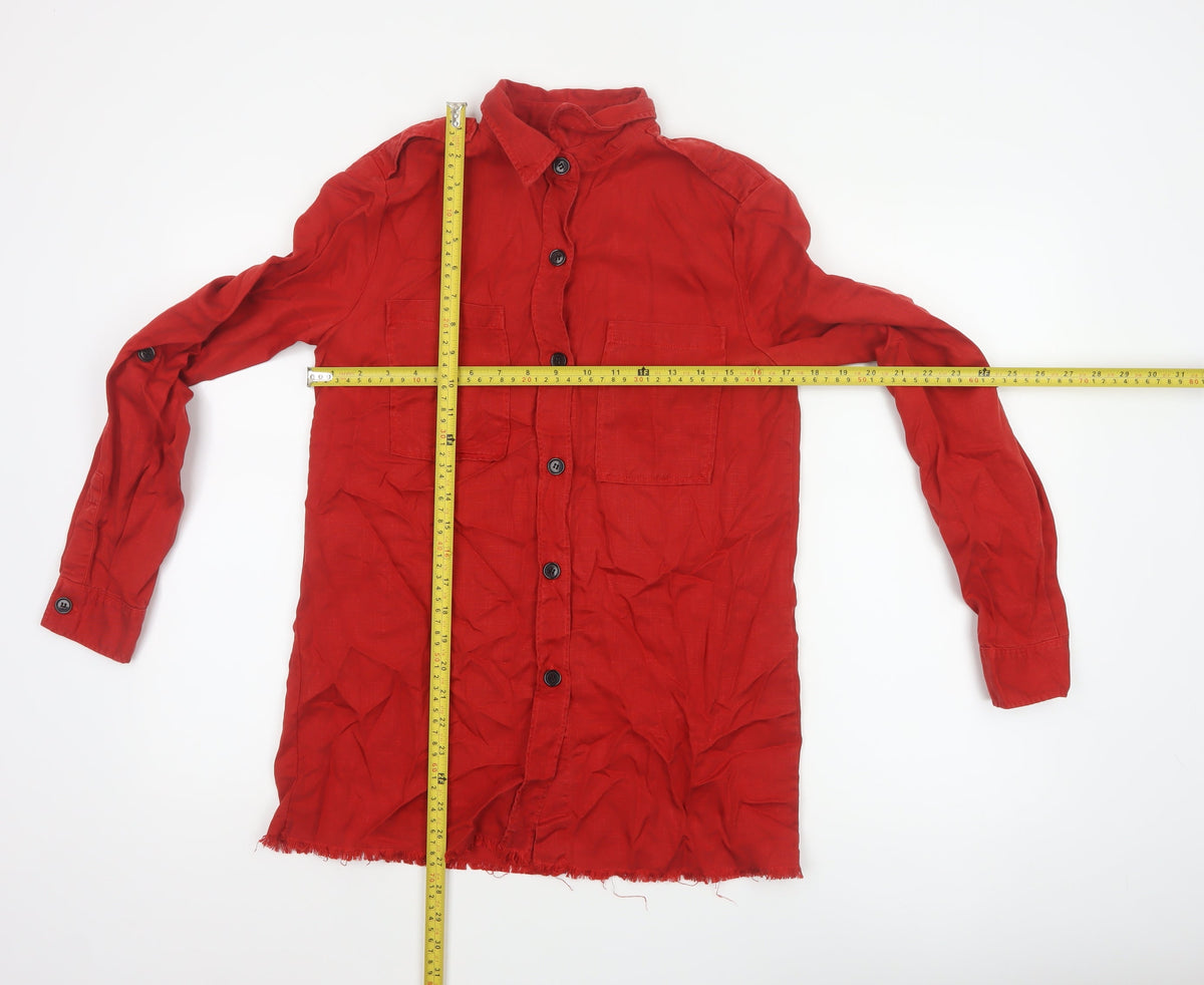 Zara Woman Red S Basic Lyocell Button-Up Shirt Long Sleeve Pockets