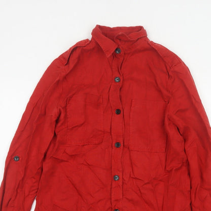 Zara Woman Red S Basic Lyocell Button-Up Shirt Long Sleeve Pockets