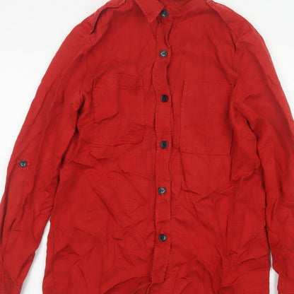 Zara Woman Red S Basic Lyocell Button-Up Shirt Long Sleeve Pockets
