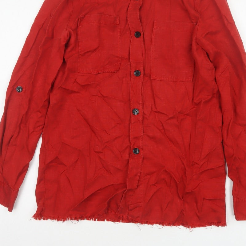 Zara Woman Red S Basic Lyocell Button-Up Shirt Long Sleeve Pockets