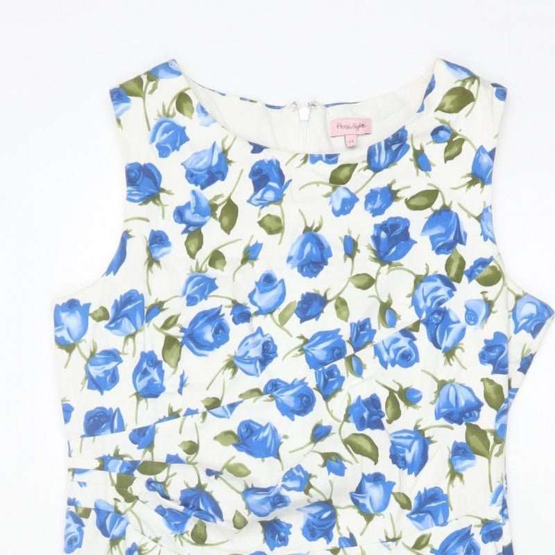 Phase Eight Women’s Blue Floral Cotton Stretch Sheath Dress UK 14