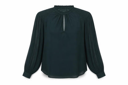 MNG Women’s Green UK 10 High Neck Pleated Long Sleeve Blouse