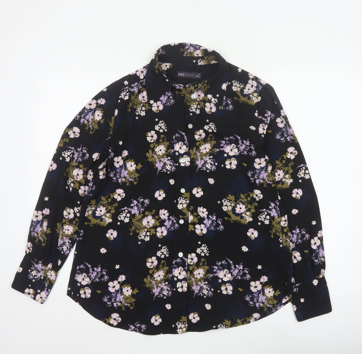 Marks and Spencer Women Black Floral Button-Up Blouse Size 12