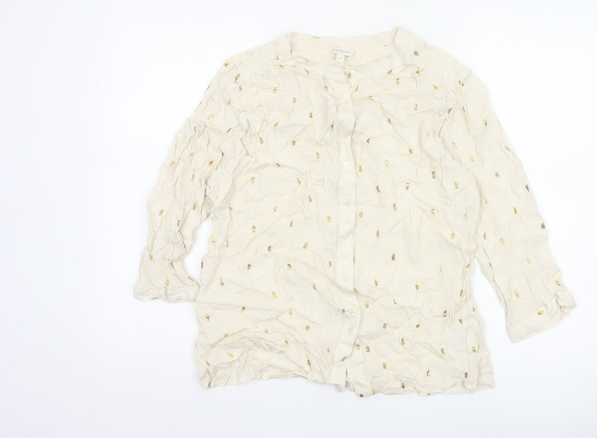 Monsoon Women Ivory M Gold Foil Crinkle Button-Up Long Sleeve Blouse