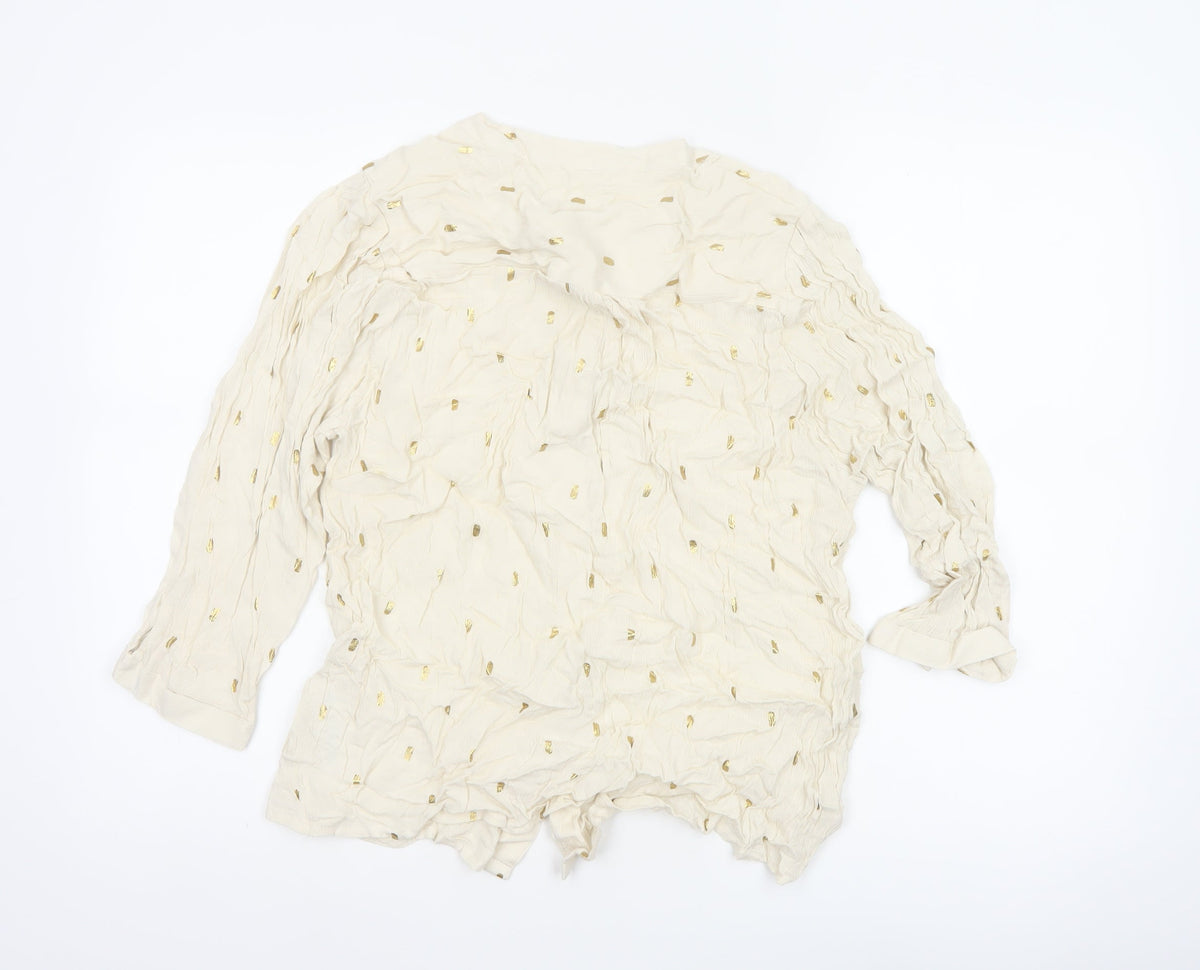 Monsoon Women Ivory M Gold Foil Crinkle Button-Up Long Sleeve Blouse