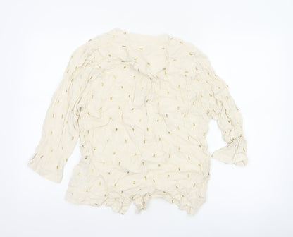 Monsoon Women Ivory M Gold Foil Crinkle Button-Up Long Sleeve Blouse