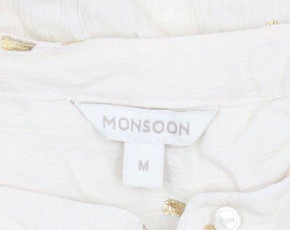 Monsoon Women Ivory M Gold Foil Crinkle Button-Up Long Sleeve Blouse