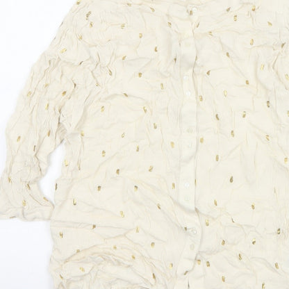 Monsoon Women Ivory M Gold Foil Crinkle Button-Up Long Sleeve Blouse