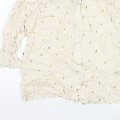 Monsoon Women Ivory M Gold Foil Crinkle Button-Up Long Sleeve Blouse