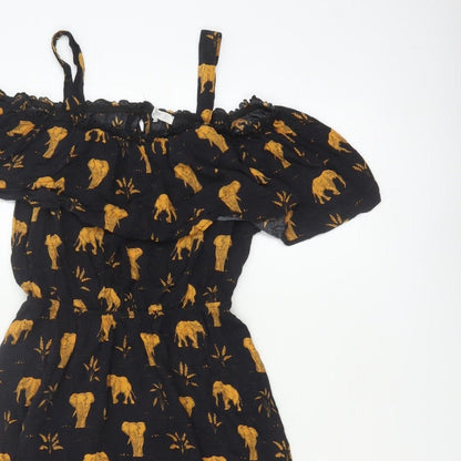Mango Women Black Gold Elephant Print XS Off Shoulder Fit & Flare Dress