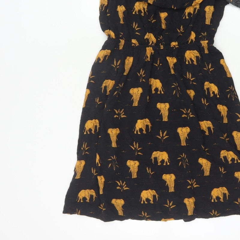 Mango Women Black Gold Elephant Print XS Off Shoulder Fit & Flare Dress