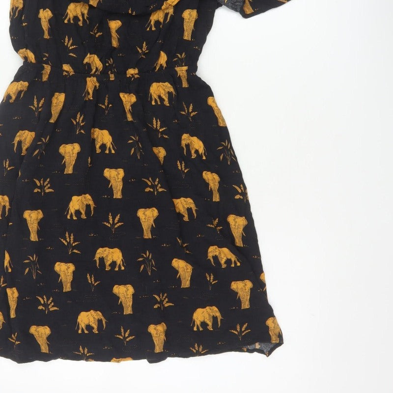 Mango Women Black Gold Elephant Print XS Off Shoulder Fit & Flare Dress