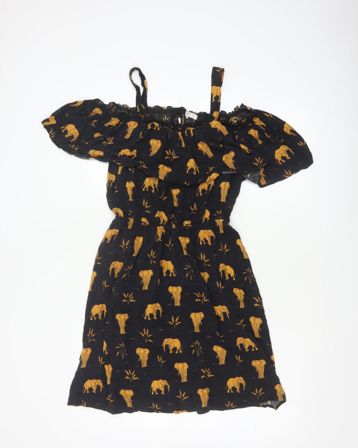 Mango Women Black Gold Elephant Print XS Off Shoulder Fit & Flare Dress