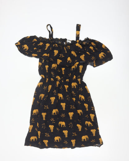 Mango Women Black Gold Elephant Print XS Off Shoulder Fit & Flare Dress