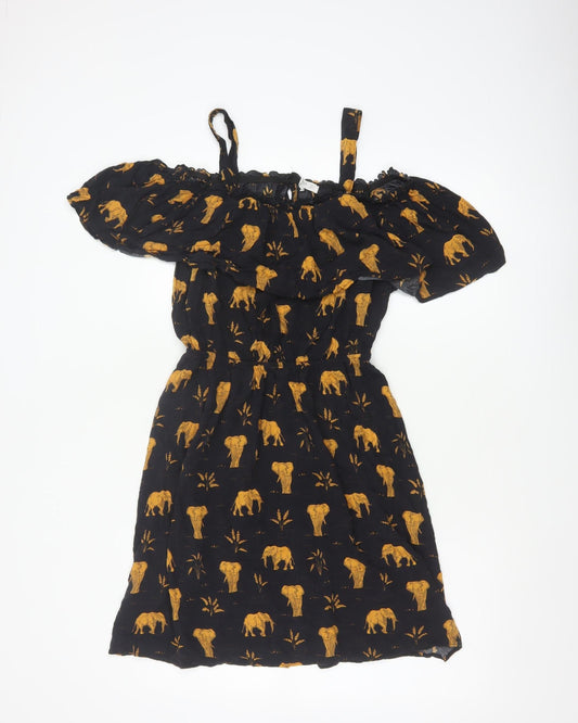 Mango Women Black Gold Elephant Print XS Off Shoulder Fit & Flare Dress