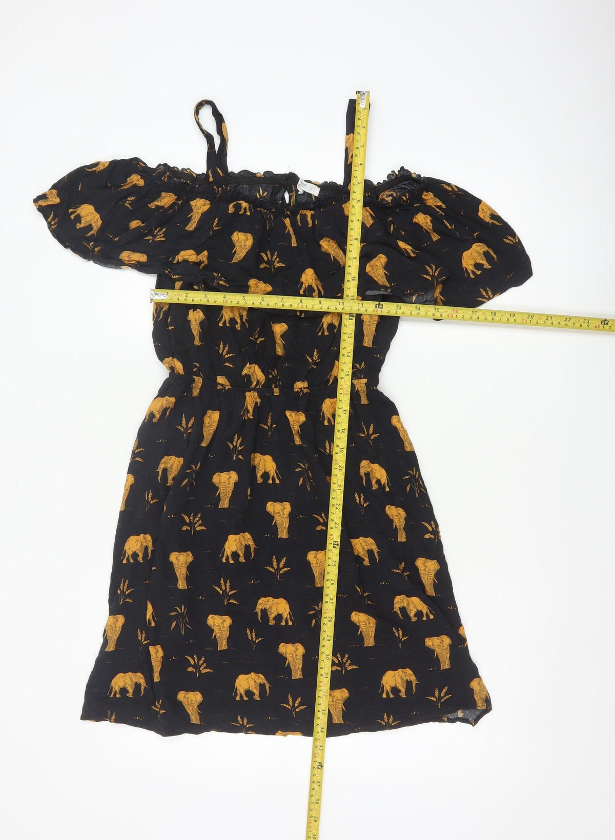 Mango Women Black Gold Elephant Print XS Off Shoulder Fit & Flare Dress