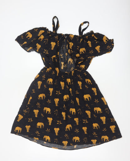 Mango Women Black Gold Elephant Print XS Off Shoulder Fit & Flare Dress