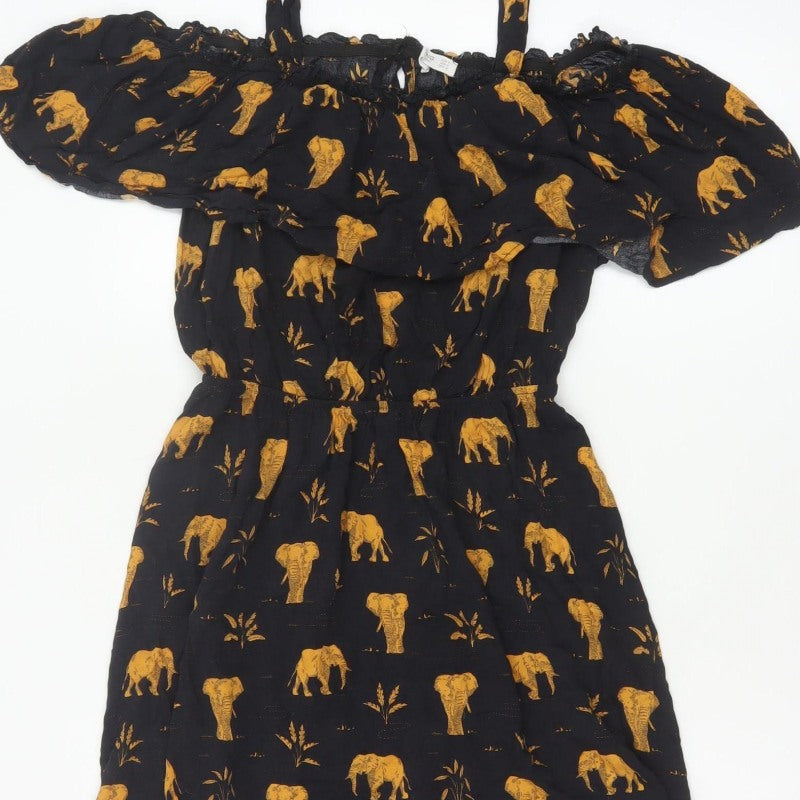 Mango Women Black Gold Elephant Print XS Off Shoulder Fit & Flare Dress