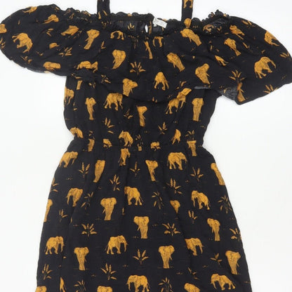Mango Women Black Gold Elephant Print XS Off Shoulder Fit & Flare Dress