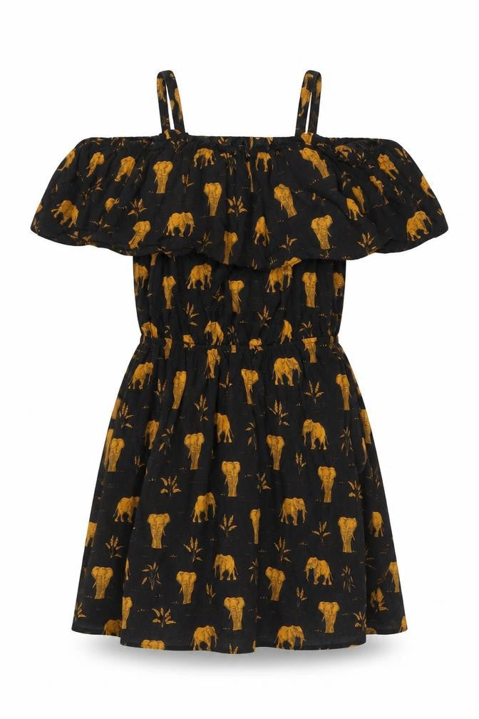 Mango Women Black Gold Elephant Print XS Off Shoulder Fit & Flare Dress